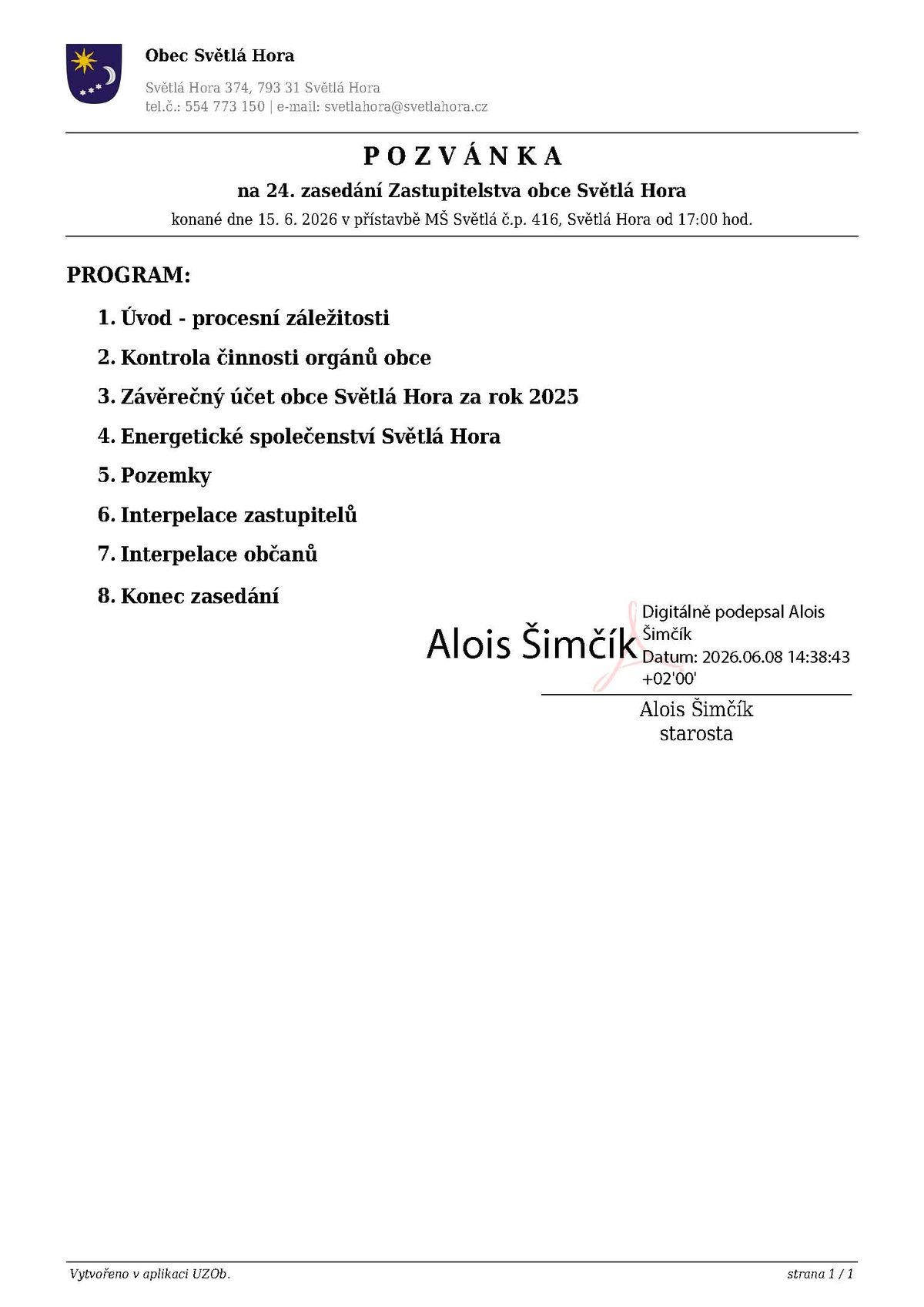 ZASEDÁNÍ ZASTUPITELSTVA OBCE
